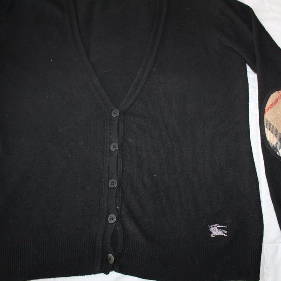 BURBERRY LONDON BLACK CARDIGAN WITH NOVA CHECK ELBOW PATCH SIZE S - Picture 3 of 9